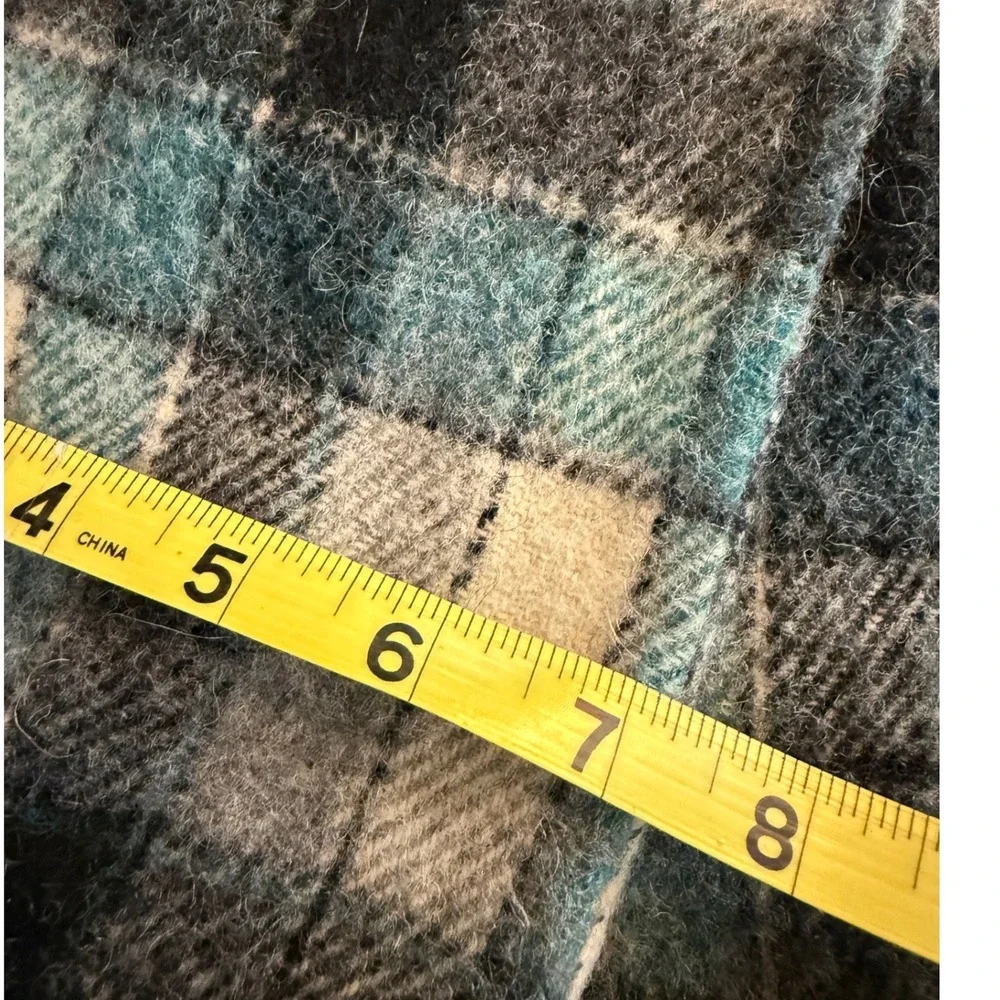 Vintage Plaid Fringe Scarf Blue Gray Cream Wool Blend Winter Accessory